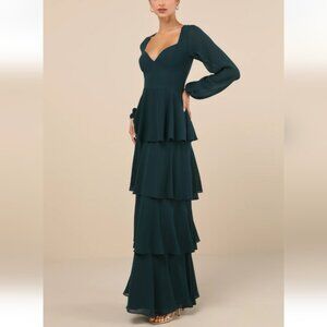 NWT Lulus Flawless Excellence Emerald Green Tiered Long Sleeve Maxi Dress